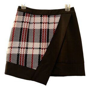 MDS faux wrap short skirt, size M, black with  red and black and cream plaid.